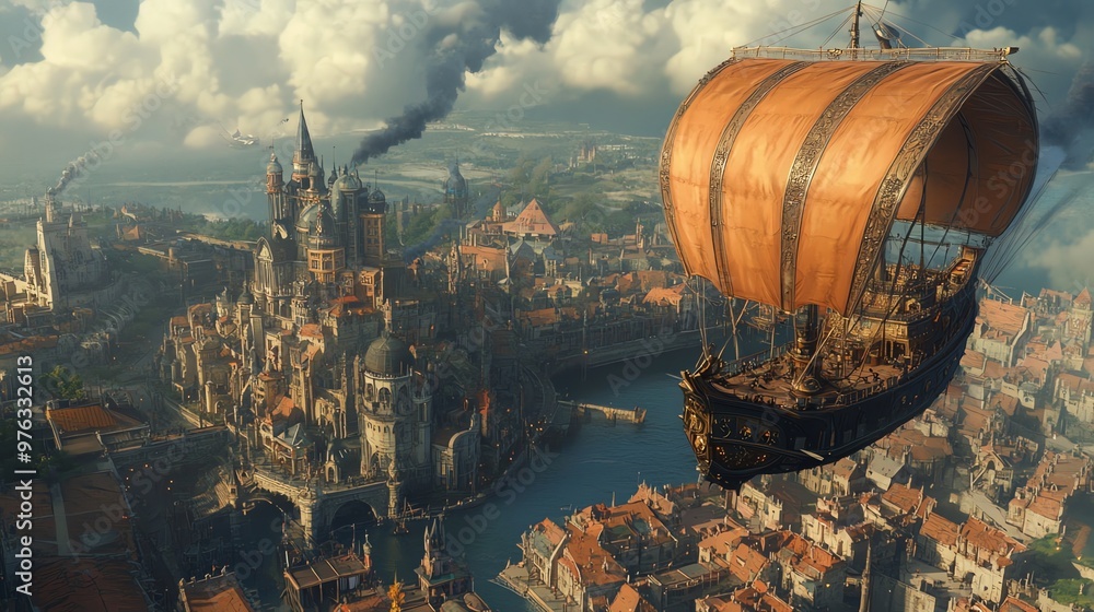 Naklejka premium A large sailing airship soars above a medieval fantasy city with tall spires and cobblestone streets.