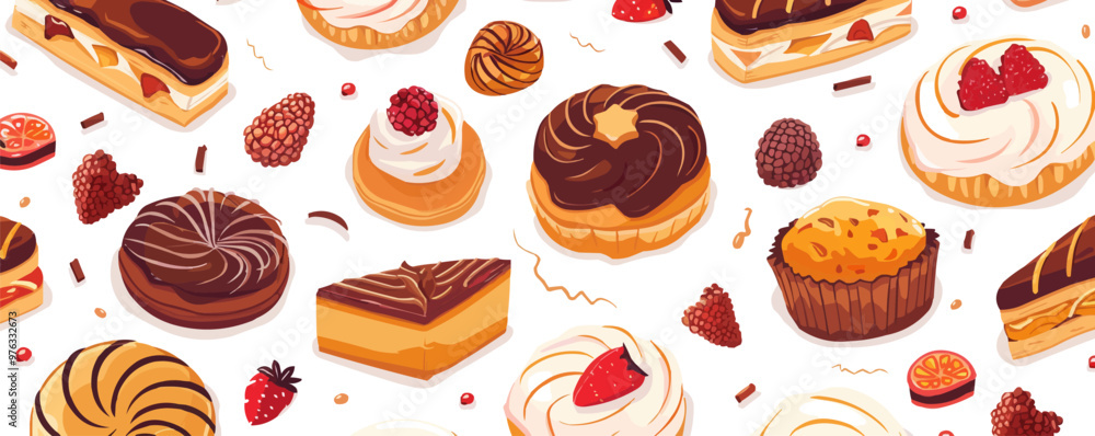 Bakery pastries and cakes seamless pattern background, delicious baked goods and desserts, vector pattern. Bakery pastries and cakes seamless pattern background, delicious baked goods and desserts, vector pattern.