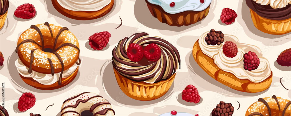 Bakery pastries and cakes seamless pattern background, delicious baked goods and desserts, vector pattern. Bakery pastries and cakes seamless pattern background, delicious baked goods and desserts, vector pattern.