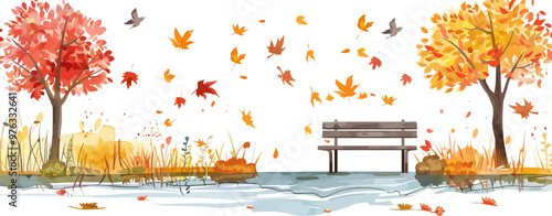 Autumn park scene with colorful falling leaves, a wooden bench, and a calm pond, flat, vector illustration in watercolor style.