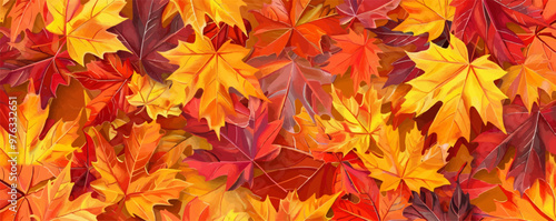 Autumn maple leaves seamless pattern background design, warm hues of orange, red, and yellow, vector pattern.