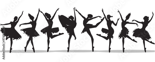 Ballet performance, tutus, pointe shoes, and elegant movements, dance silhouettes, black silhouette, vector illustration, flat style.