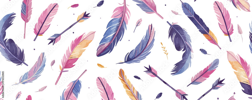 A colorful pattern of feathers with arrows in the middle A colorful pattern of feathers with arrows in the middle