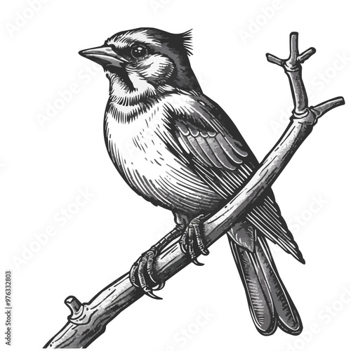 A black and white drawing of a bird perched on a branch