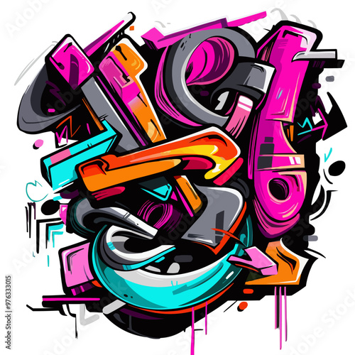 A colorful graffiti of letters and shapes with a pink and blue arrow