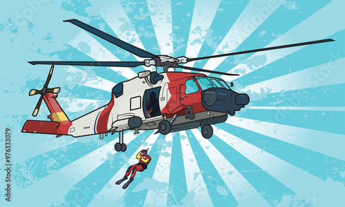 Vector graphic of a Coast Guard helicopter and rescue swimmer