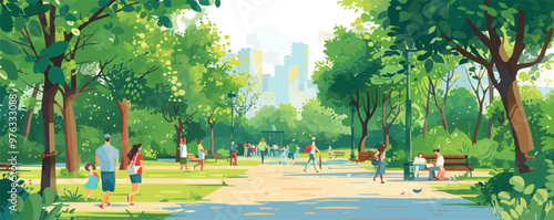 A park with a lot of people walking around and sitting on benches