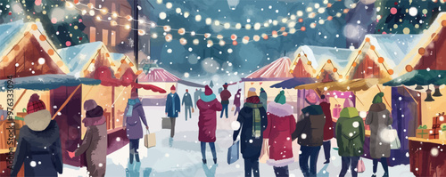 A group of people are walking through a snowy market