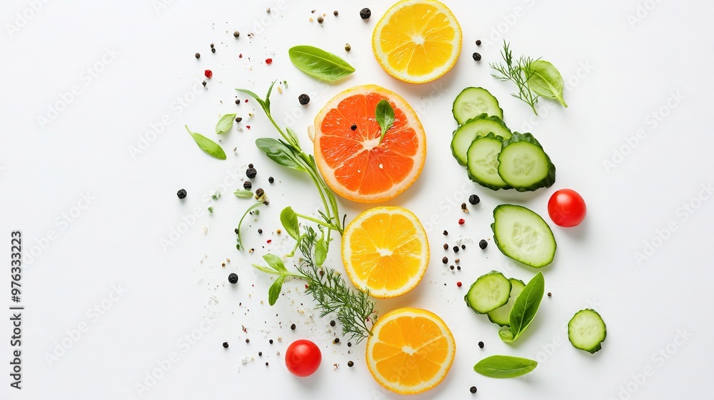 A top view of a minimalist food art composition, set on a white surface A top view of a minimalist food art composition, set on a white surface
