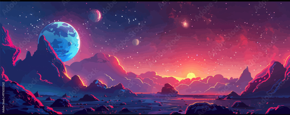 Fantastic game background with alien planet Colorful cartoon vector Fantastic game background with alien planet Colorful cartoon vector
