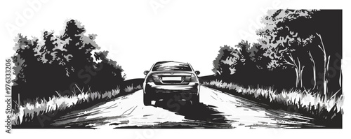 A car is driving down a road with trees in the background