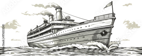 Retro steamship sketch hand drawn. vector simple illustration