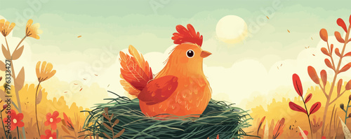 Hen sitting in the nest . vector simple illustration