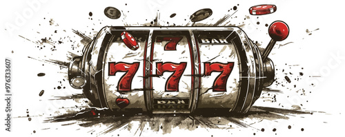 Casino slot 777 machine hand drawn engraving sketch. vector simple illustration