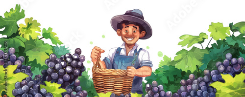 Farmer with a basket of grapes drawn. vector simple illustration