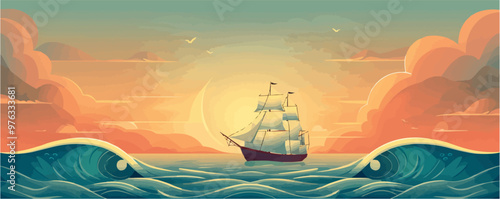 Retro ship sails on waves of sea. Sailboat sailing, side view. vector simple illustration