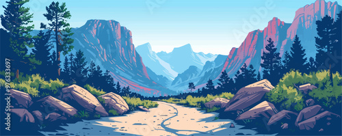 A rocky mountain pass with a winding trail leading to breathtaking panoramic views. Vector flat minimalistic isolated illustration.