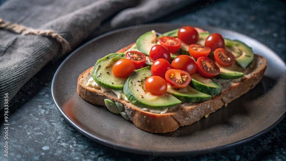 A slice of toasted sour dough bread with avocado and tomato on top
A slice of toasted sour dough bread with avocado and tomato on top