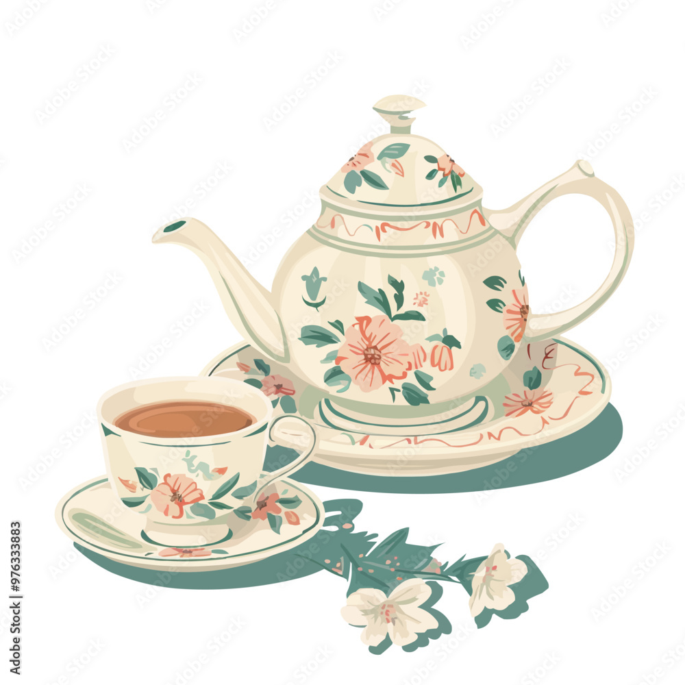 Classic Victorian-style teapot and teacup set, ideal for a vintage tea party theme, flat, vector illustration, Vintage hand drawn. Classic Victorian-style teapot and teacup set, ideal for a vintage tea party theme, flat, vector illustration, Vintage hand drawn.