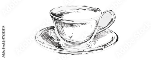 Classic pin-up teacup with a saucer, vector illustration, pin-up style, imitation of a scratch board, black and white image.
