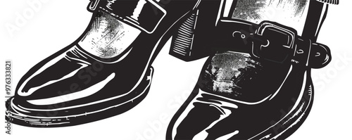 Classic pin-up shoe with a buckle, vector illustration, pin-up style, imitation of a scratch board, black and white image.