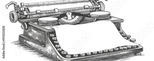 Classic pin-up typewriter with a sheet of paper, vector illustration, pin-up style, imitation of a scratch board, black and white image.