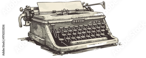 Classic pin-up typewriter with a sheet of paper, vector illustration, pin-up style, imitation of a scratch board, black and white image.
