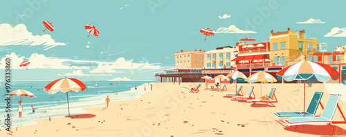 Classic seaside resort with vintage beach umbrellas and boardwalk attractions, flat, vector illustration, vintage hand drawn.