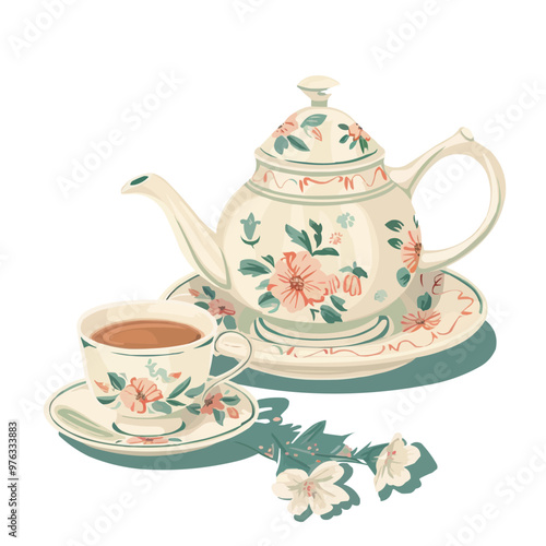 Classic Victorian-style teapot and teacup set, ideal for a vintage tea party theme, flat, vector illustration, Vintage hand drawn.