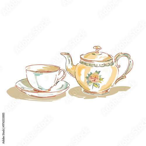 Classic Victorian-style teapot and teacup set, ideal for a vintage tea party theme, flat, vector illustration, Vintage hand drawn.
