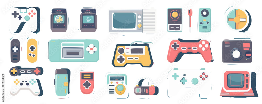 Collection of retro gaming icons featuring joystick, console, and game cartridges, vector illustration, flat style, icon set. Collection of retro gaming icons featuring joystick, console, and game cartridges, vector illustration, flat style, icon set.