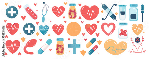 Collection of health icons such as heart, medical cross, and pill bottle, vector illustration, flat style, icon set.