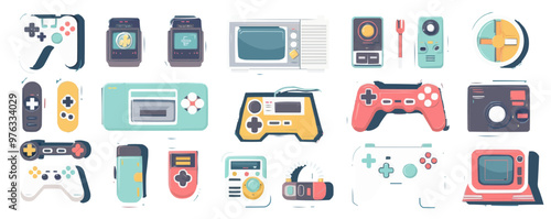 Collection of retro gaming icons featuring joystick, console, and game cartridges, vector illustration, flat style, icon set.