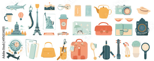 Collection of travel souvenirs such as postcard, keychain, and magnet, vector illustration, flat style, icon set.