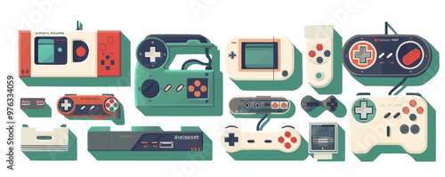 Collection of retro gaming icons featuring joystick, console, and game cartridges, vector illustration, flat style, icon set.