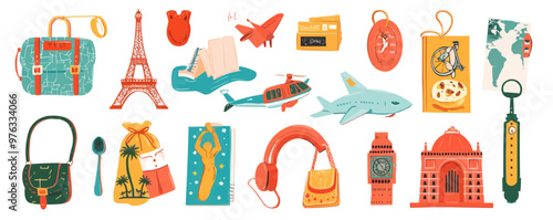 Collection of travel souvenirs such as postcard, keychain, and magnet, vector illustration, flat style, icon set.