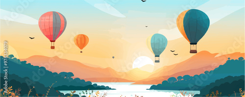 Colorful hot air balloons floating over a serene landscape at sunrise, flat, vector illustration in watercolor style.