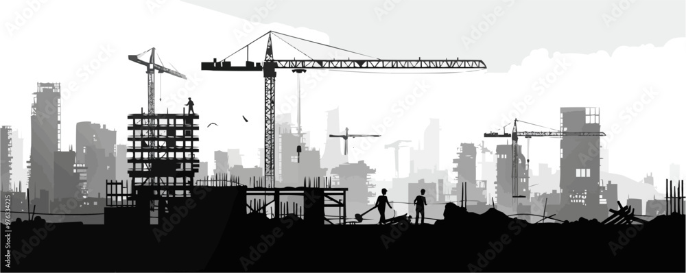 Construction site, cranes, workers, and buildings in progress, industrial silhouettes, black silhouette, vector illustration, flat style. Construction site, cranes, workers, and buildings in progress, industrial silhouettes, black silhouette, vector illustration, flat style.