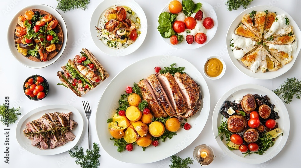 A top view of a gourmet meal, arranged on a white background A top view of a gourmet meal, arranged on a white background