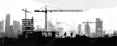 Construction site, cranes, workers, and buildings in progress, industrial silhouettes, black silhouette, vector illustration, flat style.