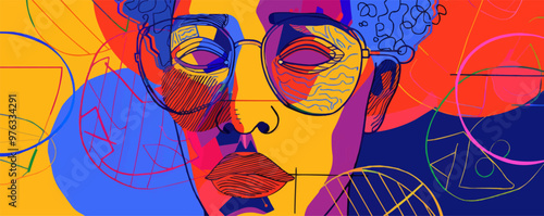 Contemporary abstract portrait with bold colors and unconventional features, flat portrait, vector illustration.