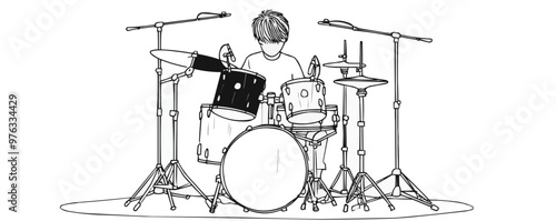 A boy is playing drums in a black and white drawing