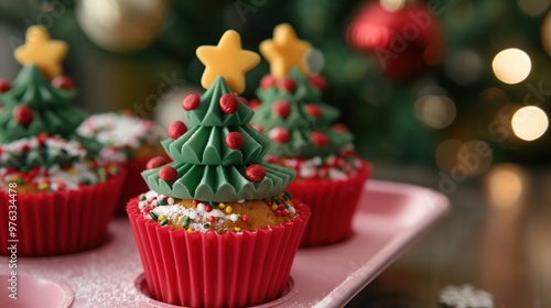 Festive Christmas Tree Cupcakes in Red Silicone Cups with Holiday Decorations and Sprinkles