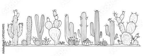 A drawing of a desert scene with many cacti