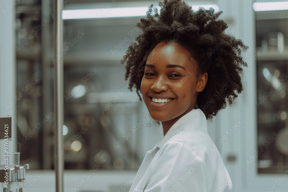 Smiling Afro-Caribbean female clinician in laboratory. Diversity, healthcare, and employment concept Smiling Afro-Caribbean female clinician in laboratory. Diversity, healthcare, and employment concept