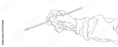 A pencil is being held in a hand, with the tip pointing to the right