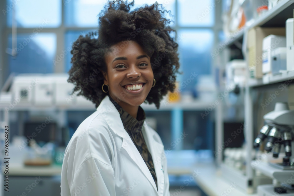 Female black scientist in white coat in research laboratory, innovation, equal opportunities, diversity Female black scientist in white coat in research laboratory, innovation, equal opportunities, diversity