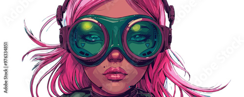 yberpunk girl with pink hair in futuristic gas mask with protective green glasses vector cartoon cyberpunk. vector simple illustration