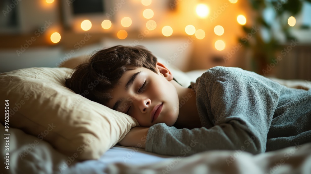 Peaceful Sleep: A Young Child Resting Comfortably in a Cozy Room with Warm Lighting Peaceful Sleep: A Young Child Resting Comfortably in a Cozy Room with Warm Lighting