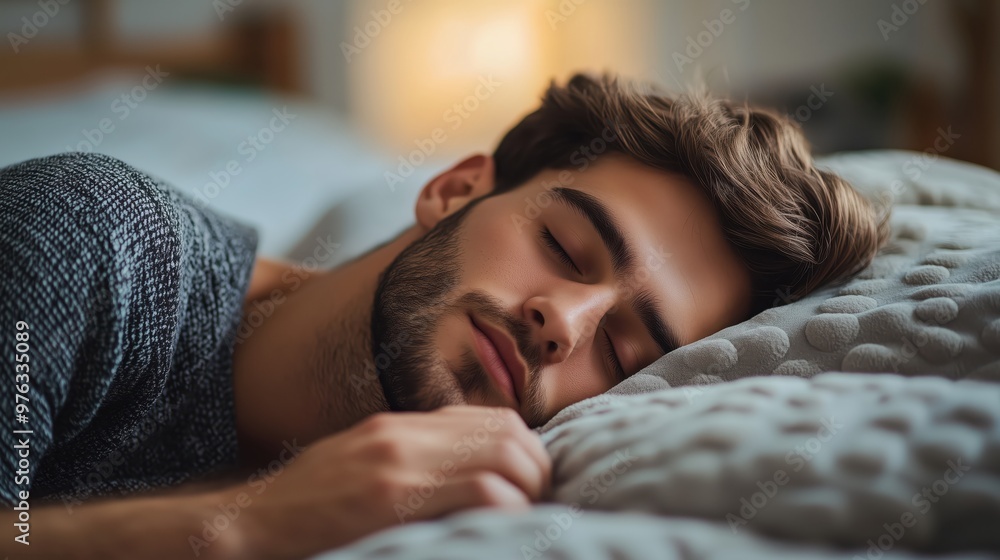 Man Sleeping Peacefully on Comfortable Pillow in Cozy Bedroom Setting for Relaxation and Restful Sleep Man Sleeping Peacefully on Comfortable Pillow in Cozy Bedroom Setting for Relaxation and Restful Sleep